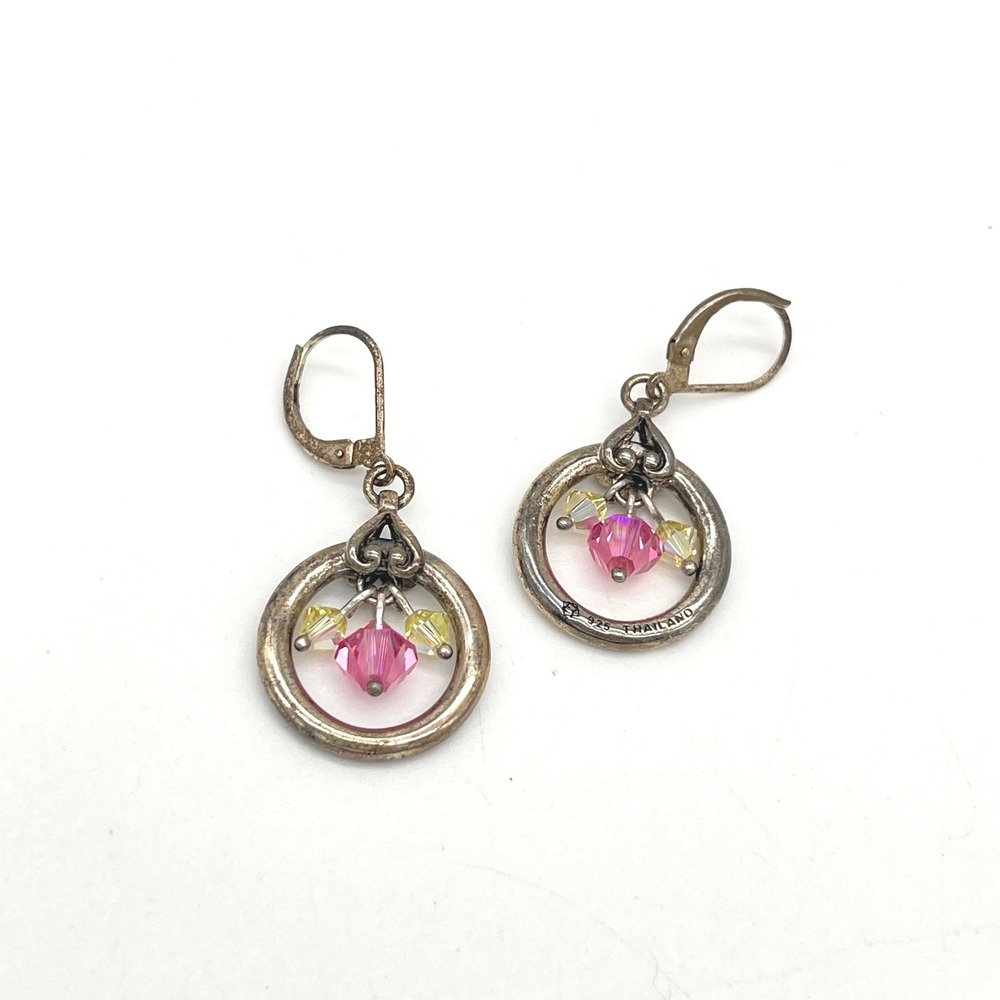 Sterling Silver Leverback‎ Earrings Pink Yellow Crystal Dangle